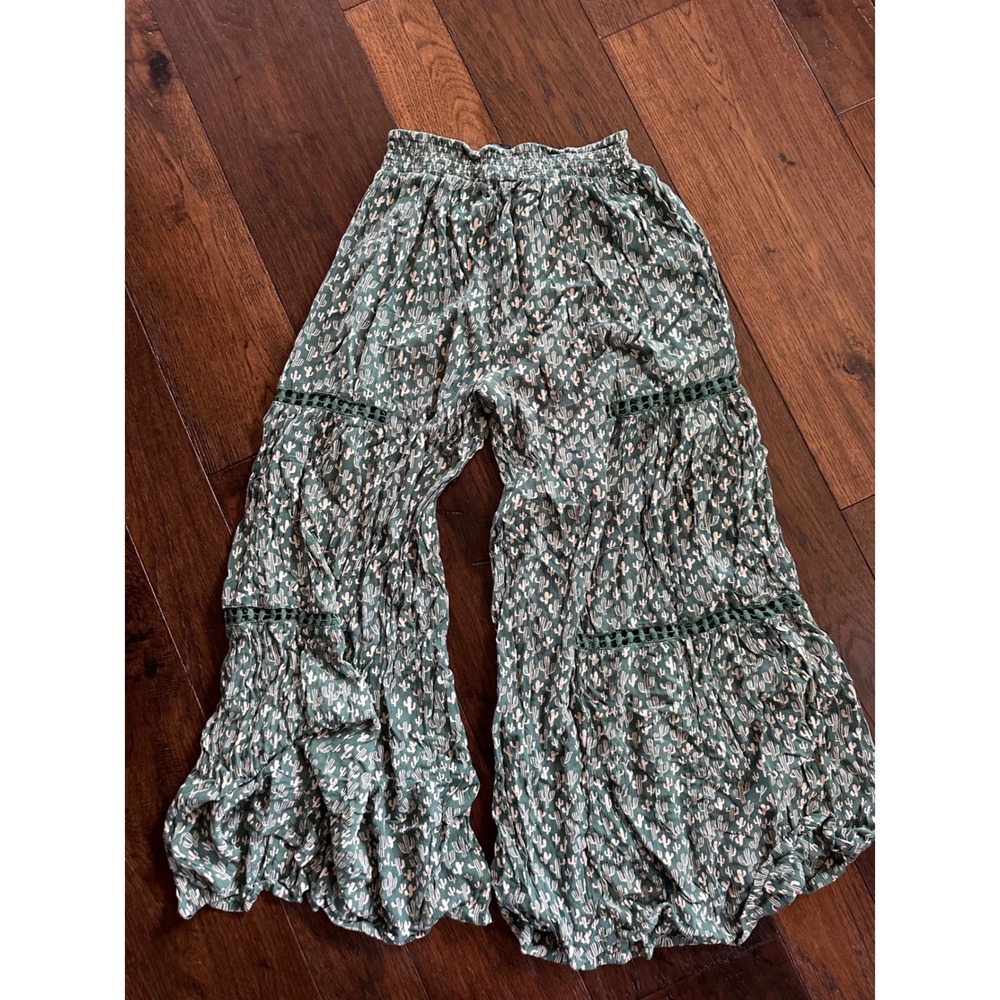 Angie Women Green Cactus Print Tiered Wide Leg Boho Pants Crochet Trim Size M
